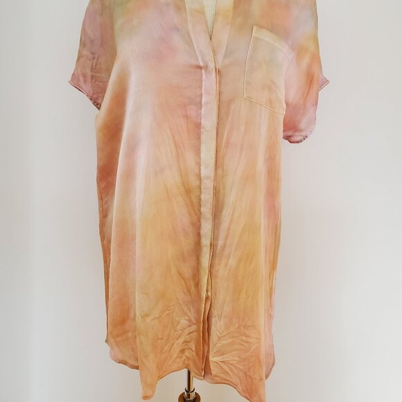 NEW Vince Silk button shortsleeve shirt beige blue pink green ivory painted M L - Picture 7 of 9